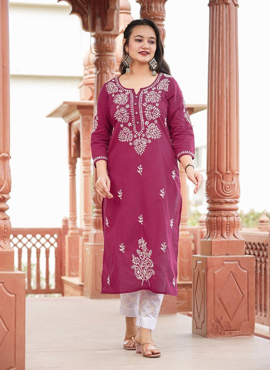 Wine Red Lucknowi Chikankari Cotton Kurta Set with Dupatta - swadeshsouq.com