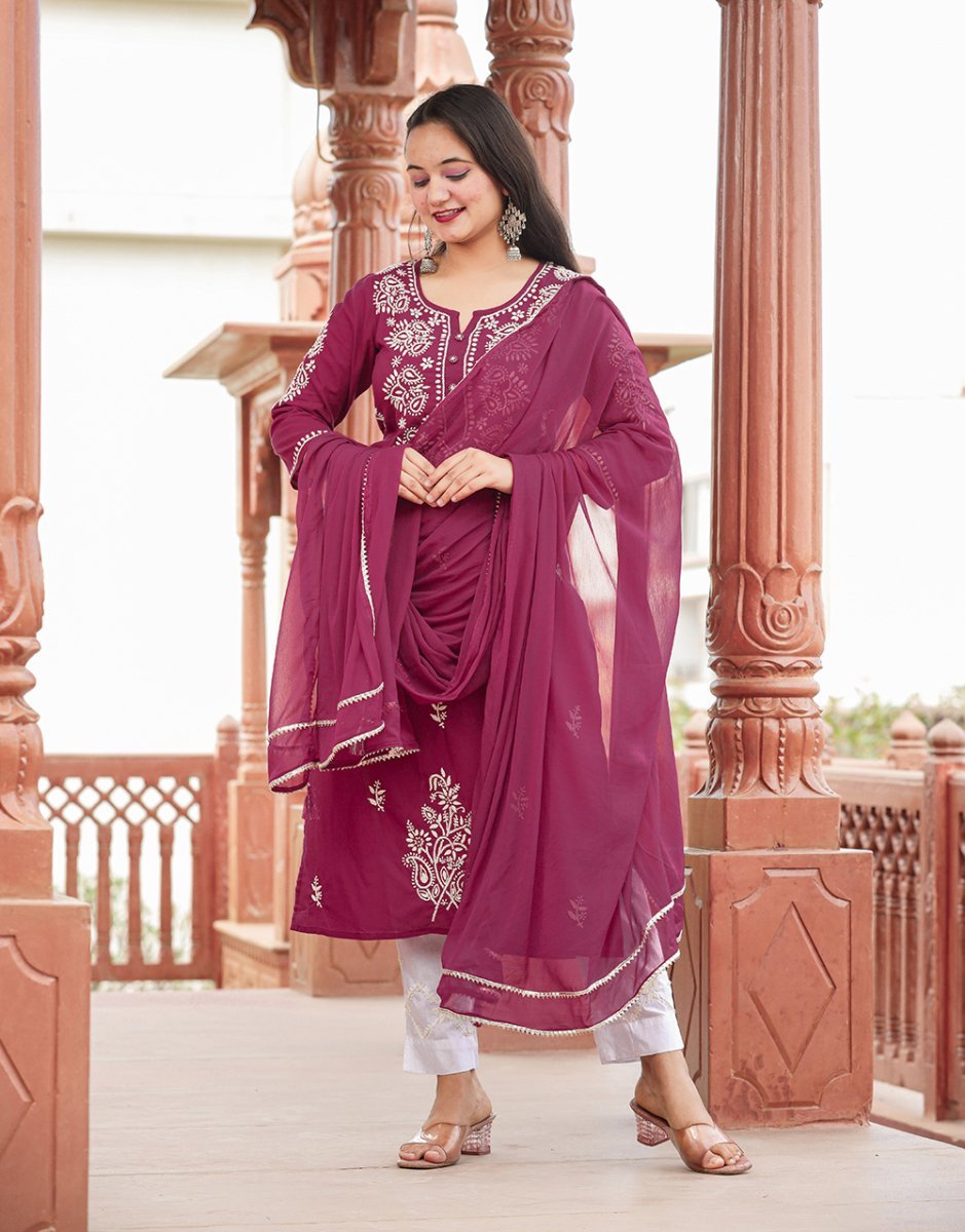 Wine Red Lucknowi Chikankari Cotton Kurta Set with Dupatta - swadeshsouq.com