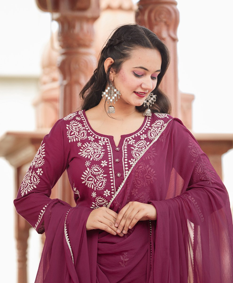 Wine Red Lucknowi Chikankari Cotton Kurta Set with Dupatta - swadeshsouq.com