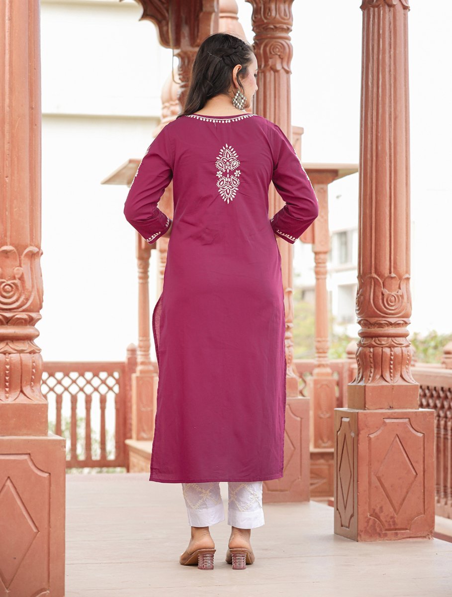 Wine Red Lucknowi Chikankari Cotton Kurta Set with Dupatta - swadeshsouq.com