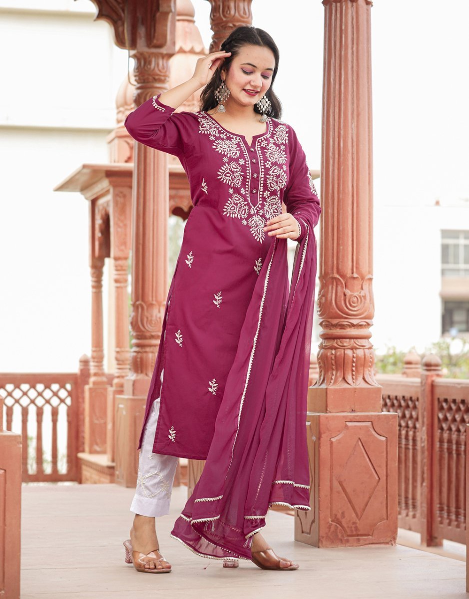 Wine Red Lucknowi Chikankari Cotton Kurta Set with Dupatta - swadeshsouq.com