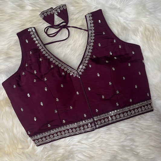 Wine Silk Blouse with Exquisite Neck & Waist Embroidery and Designer Back (Size 32–40) - swadeshsouq.com