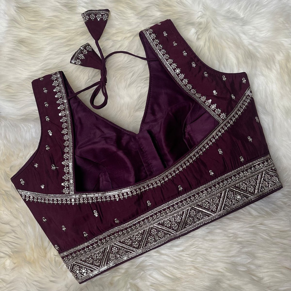 Wine Silk Blouse with Exquisite Neck & Waist Embroidery and Designer Back (Size 32–40) - swadeshsouq.com
