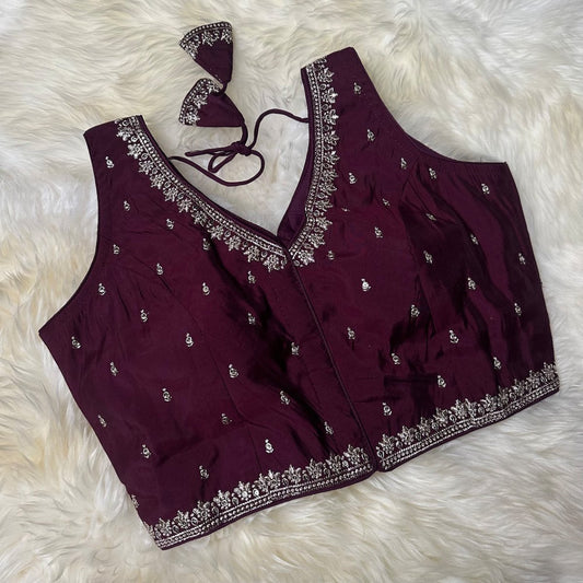 Wine Silk Blouse with Sequins Embellishments, Triangle Back Neck & Waist Detailing (Size 32–40) - swadeshsouq.com