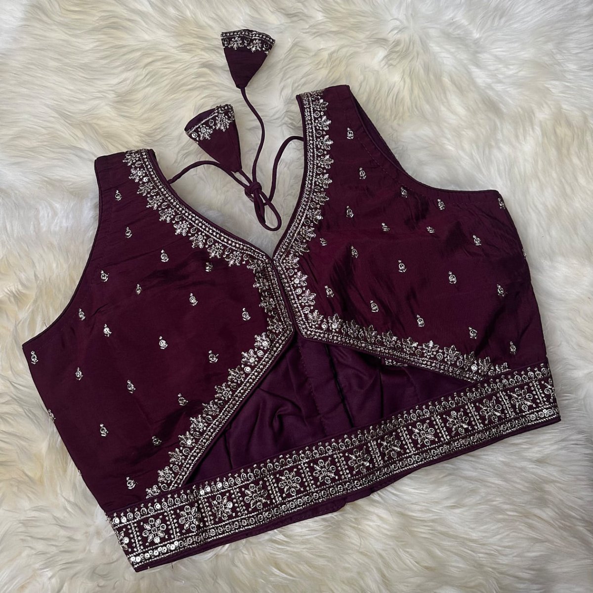 Wine Silk Blouse with Sequins Embellishments, Triangle Back Neck & Waist Detailing (Size 32–40) - swadeshsouq.com