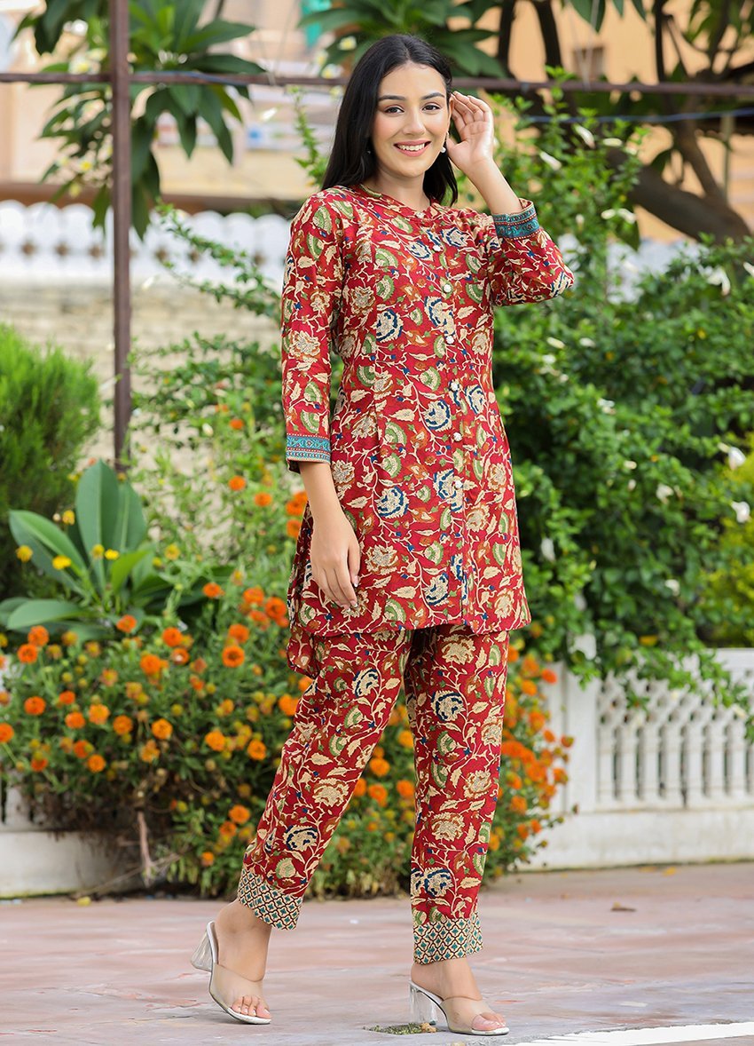 Women's Maroon Kalamkari Co - Ord Set in viscose rayon | Elegant & Comfortable Fashion - swadeshsouq.com