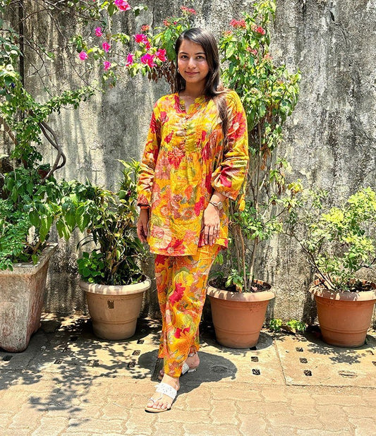 Yellow Floral Butter Cotton Co - ord Set – Sunny Elegance Meets Comfort - swadeshsouq.com