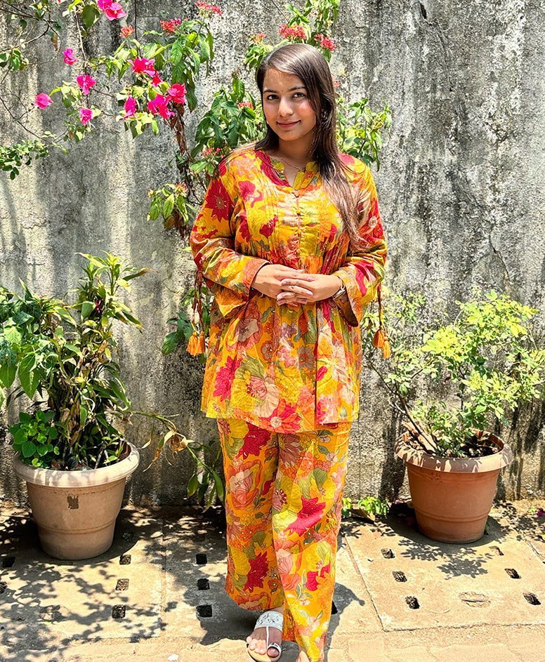 Yellow Floral Butter Cotton Co - ord Set – Sunny Elegance Meets Comfort - swadeshsouq.com