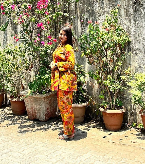 Yellow Floral Butter Cotton Co - ord Set – Sunny Elegance Meets Comfort - swadeshsouq.com