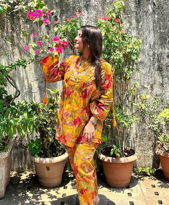 Yellow Floral Butter Cotton Co - ord Set – Sunny Elegance Meets Comfort - swadeshsouq.com