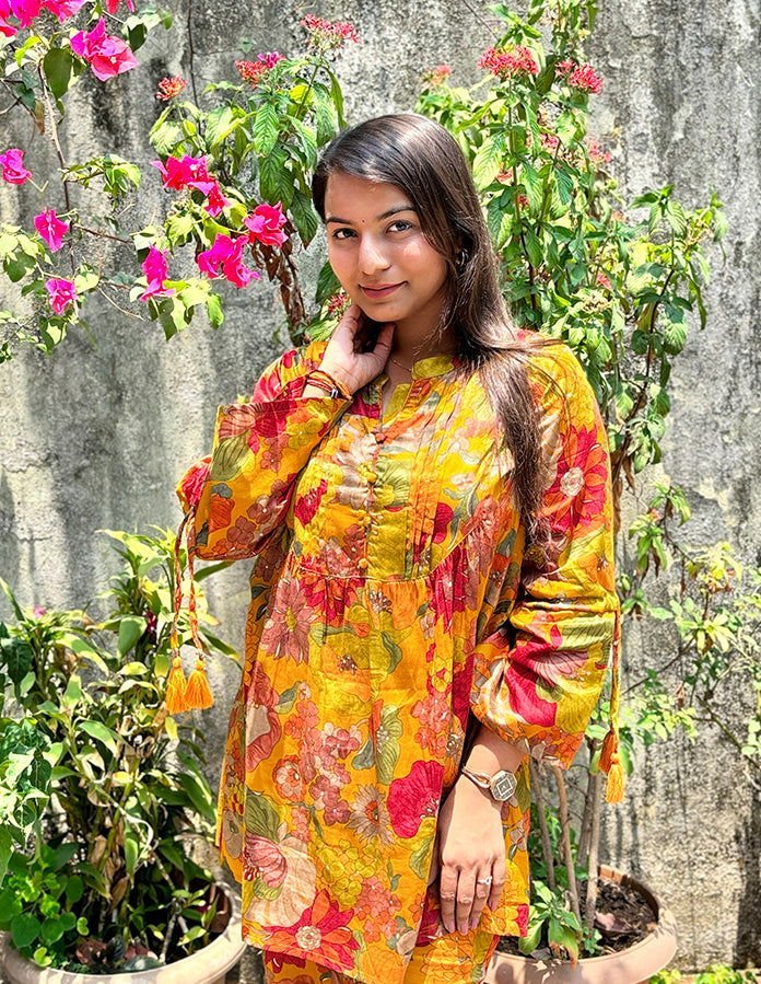 Yellow Floral Butter Cotton Co - ord Set – Sunny Elegance Meets Comfort - swadeshsouq.com