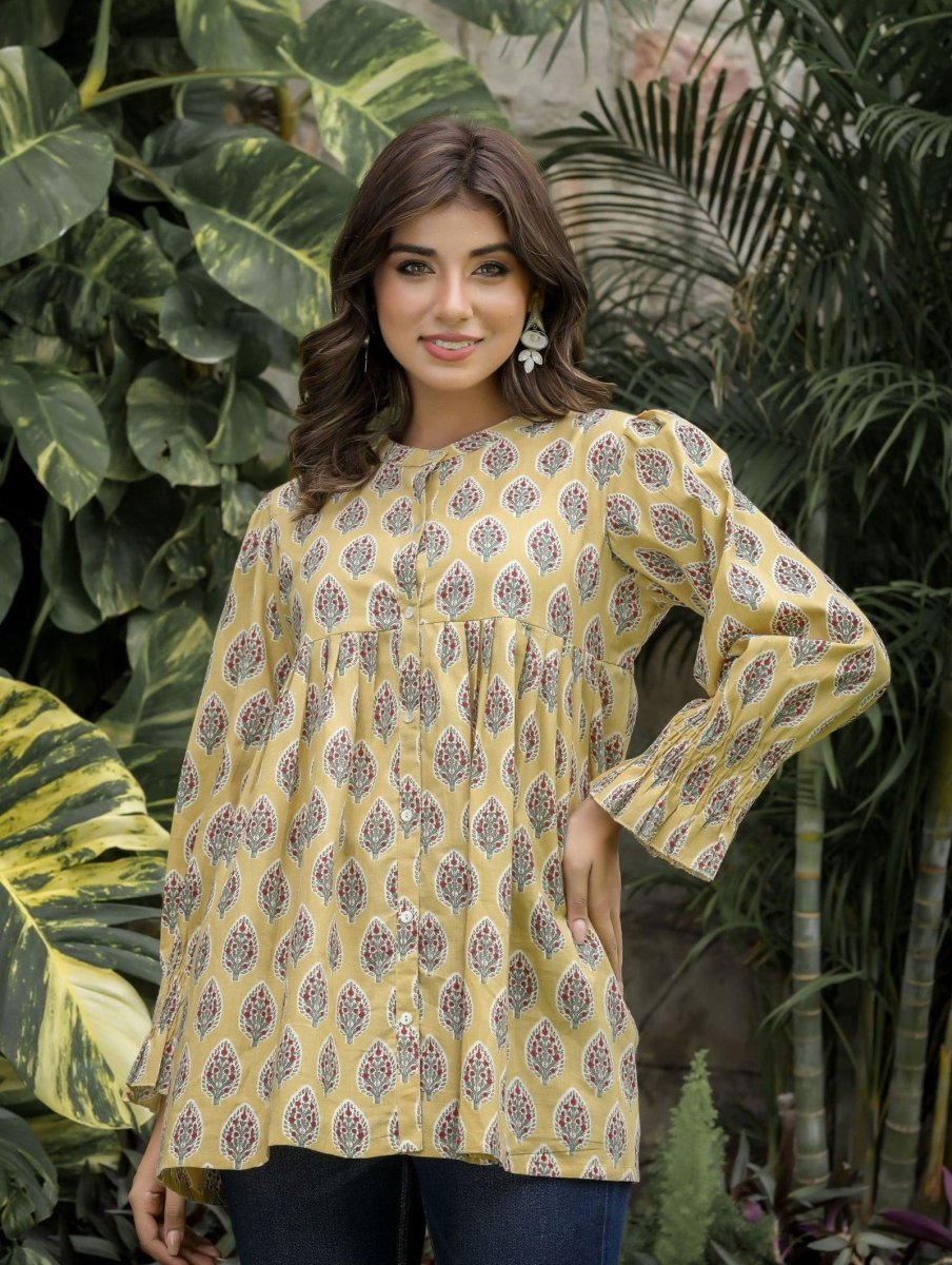 Yellow Floral Printed Cotton Tunic – Effortlessly Chic and Comfortable - swadeshsouq.com