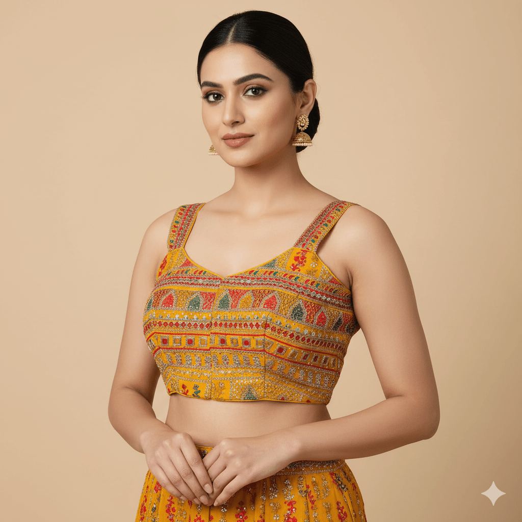 Yellow Georgette Blouse with All - Over Multicolor Rajasthani Embroidery | Sleeveless (Fits 32–40) - swadeshsouq.com