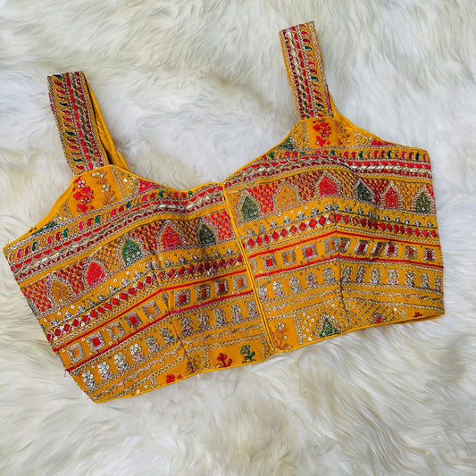 Yellow Georgette Blouse with All - Over Multicolor Rajasthani Embroidery | Sleeveless (Fits 32–40) - swadeshsouq.com