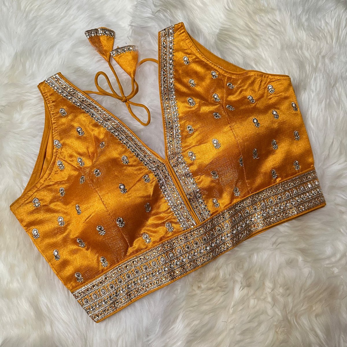Yellow Silk Blouse with Intricate Embroidery & Stone Embellishments – Adjustable Fit (32 to 36) - swadeshsouq.com