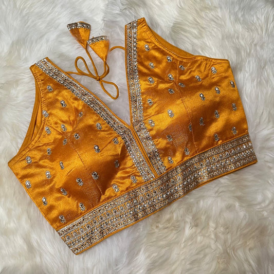 Yellow Silk Blouse with Intricate Embroidery & Stone Embellishments – Adjustable Fit (32 to 36) - swadeshsouq.com