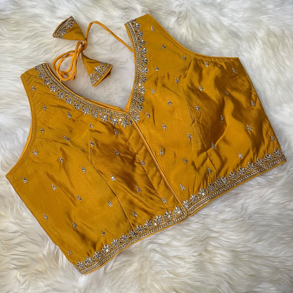 Yellow Silk Blouse with Sequins Embellishments, Triangle Back Neck & Waist Detailing (Size 32–40) - swadeshsouq.com