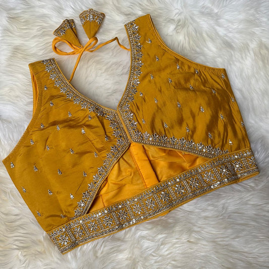 Yellow Silk Blouse with Sequins Embellishments, Triangle Back Neck & Waist Detailing (Size 32–40) - swadeshsouq.com