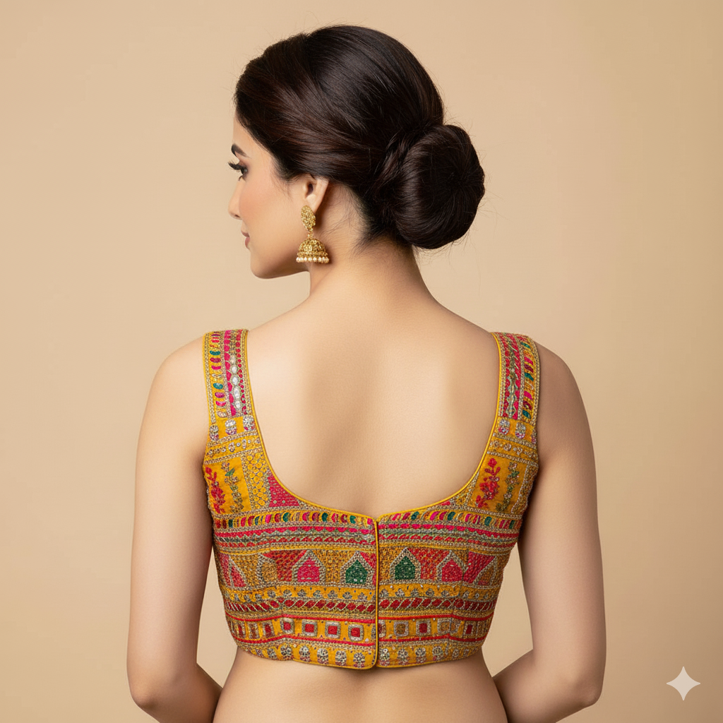 Yellow Georgette Blouse with All-Over Multicolor Rajasthani Embroidery | Sleeveless (Fits 32–40)
