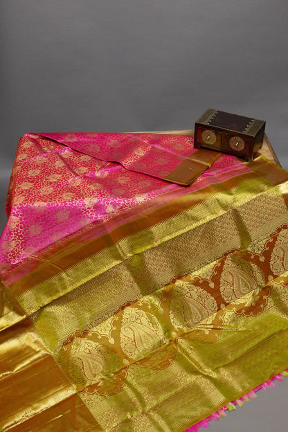 A Pink and Mustard Kanjeevaram Silk Saree - swadeshsouq.com