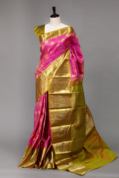 A Pink and Mustard Kanjeevaram Silk Saree - swadeshsouq.com