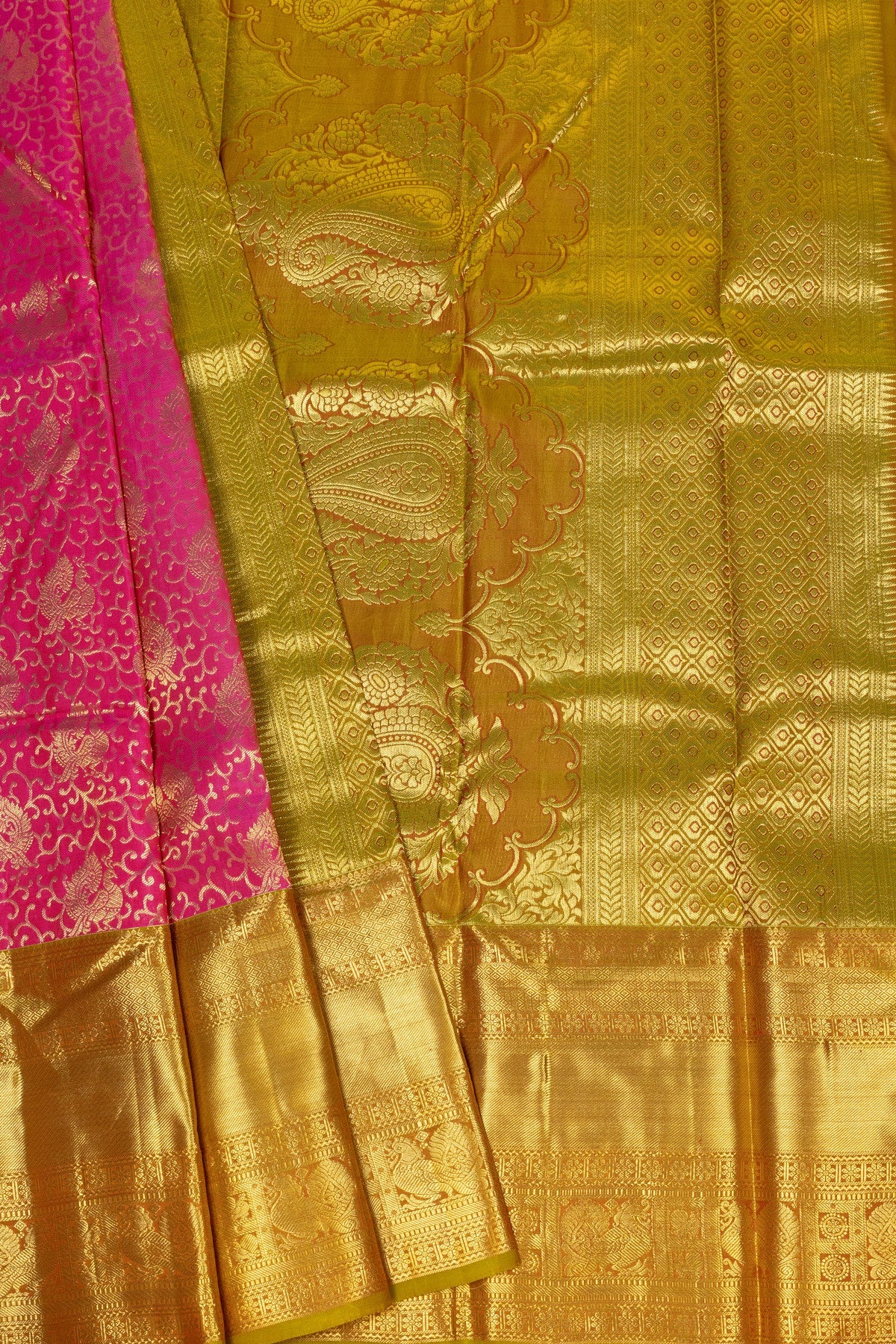 A Pink and Mustard Kanjeevaram Silk Saree - swadeshsouq.com