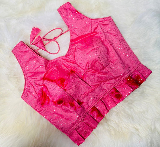 Add a Pop of Color with Our Bright Pink Dual-Shaded Rawsilk Frilled Blouse with Sequin Embroidery - swadeshsouq.com