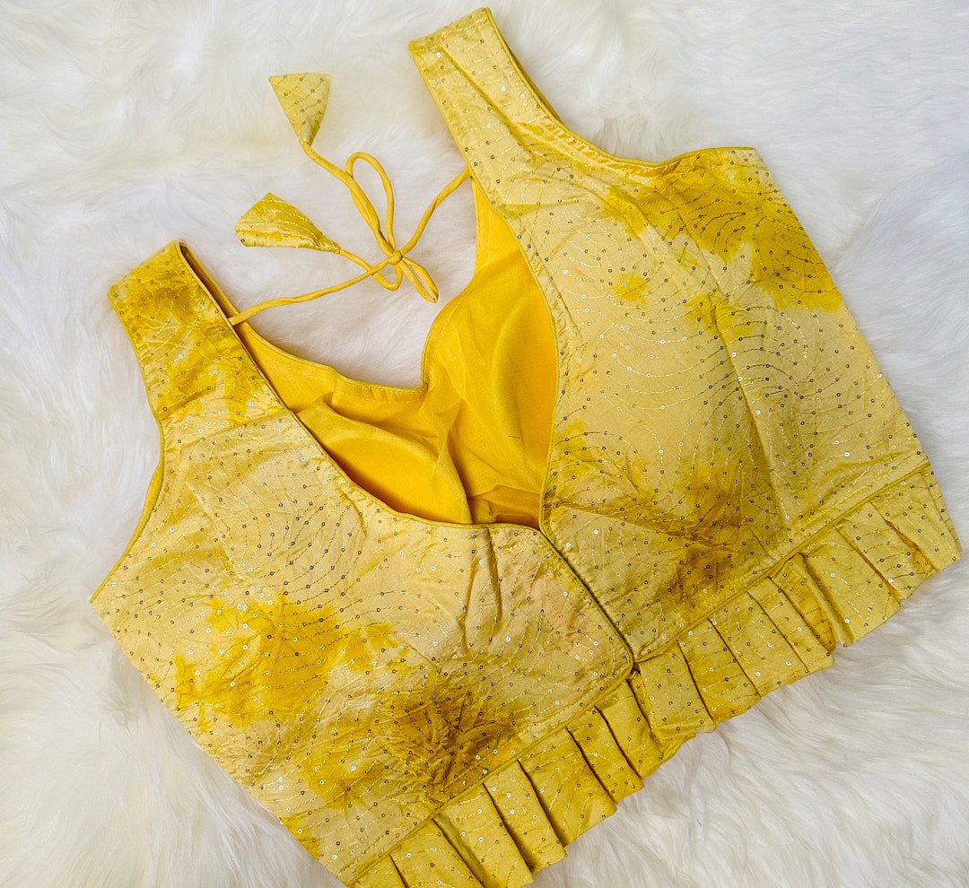 Add a Pop of Sunshine with Our Lemon Yellow Dual-Shaded Rawsilk Frilled Blouse with Sequin Embroidery - swadeshsouq.com