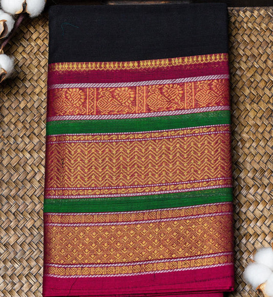 Add a Touch of Elegance with Our Black and Pink Long Border Chettinad Cotton Saree - swadeshsouq.com