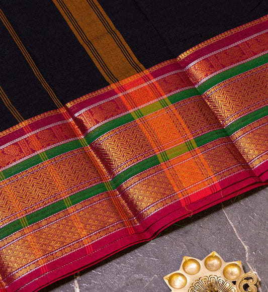 Add a Touch of Elegance with Our Black and Pink Long Border Chettinad Cotton Saree - swadeshsouq.com