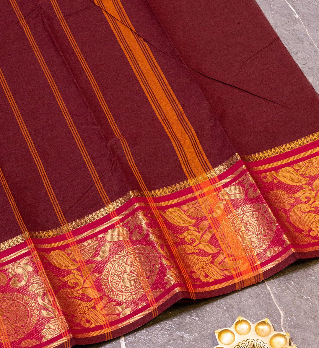 Add a Touch of Elegance with Our Bright Maroon and Golden Yellow Zari Border Saree - swadeshsouq.com