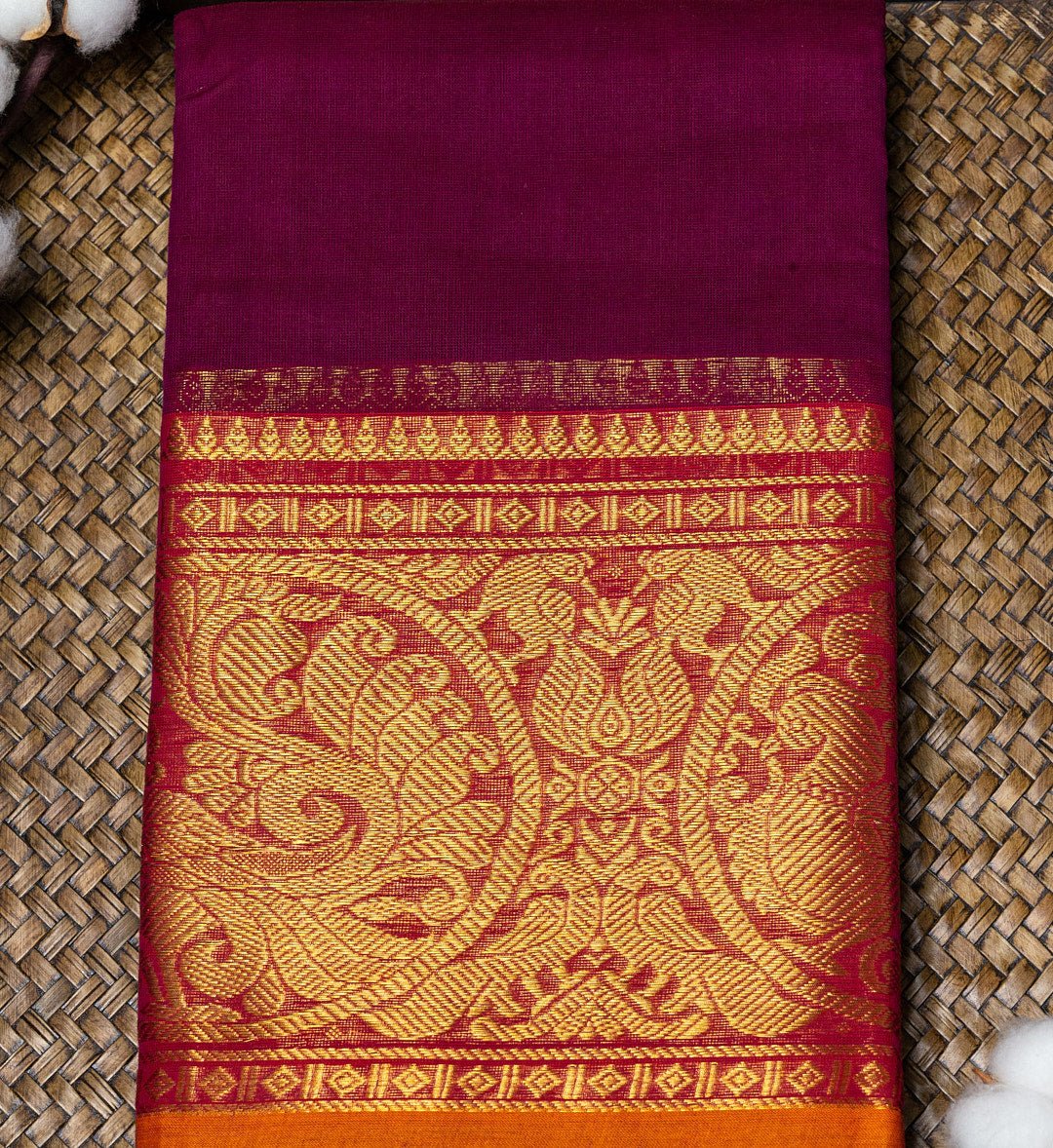 Add a Touch of Elegance with Our Bright Maroon and Golden Yellow Zari Border Saree - swadeshsouq.com