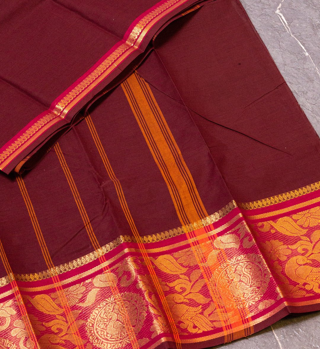 Add a Touch of Elegance with Our Bright Maroon and Golden Yellow Zari Border Saree - swadeshsouq.com