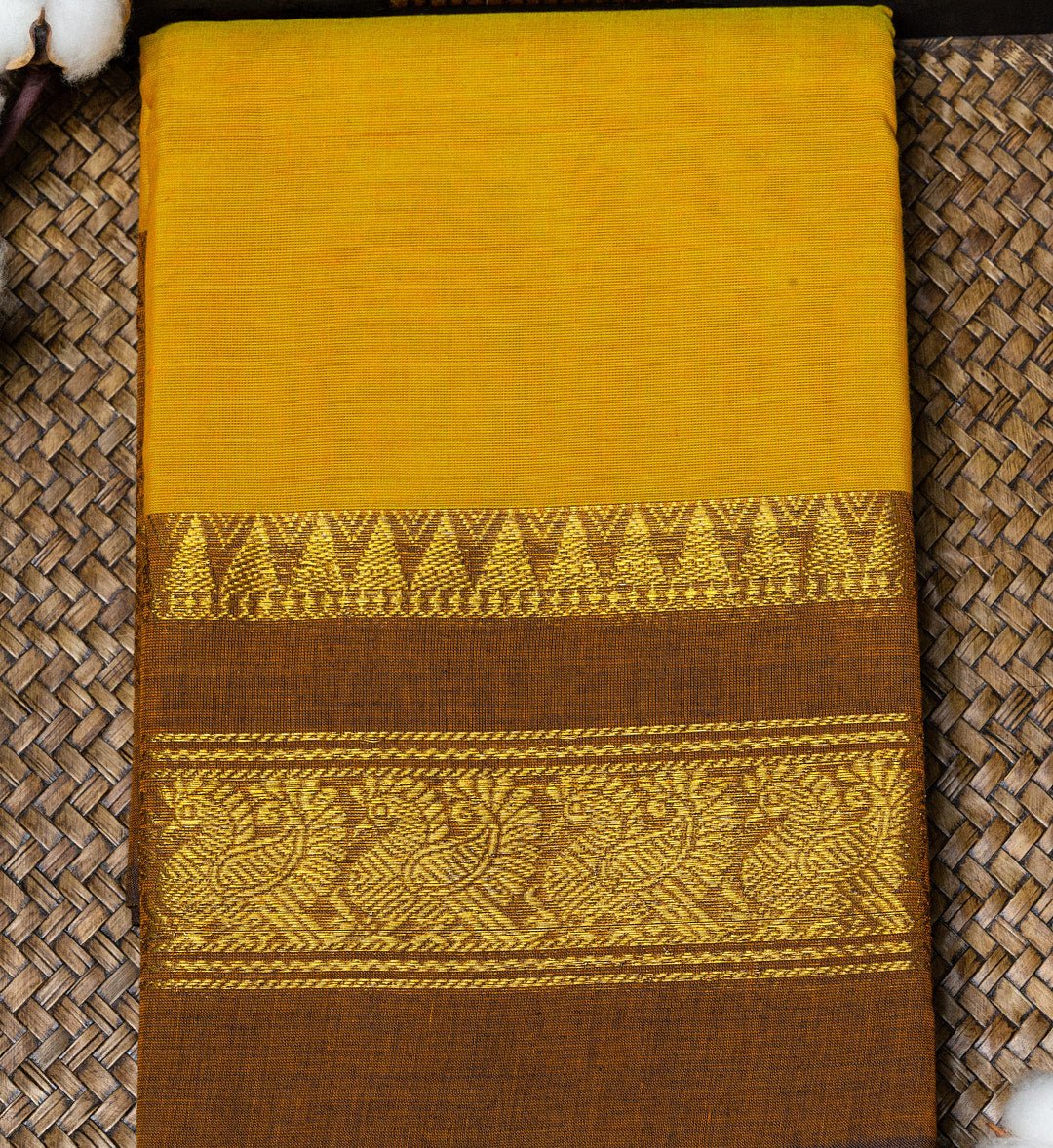 Add a Touch of Elegance with Our Bright Mustard Yellow Temple Design Zari Border Chettinad Cotton Saree - swadeshsouq.com