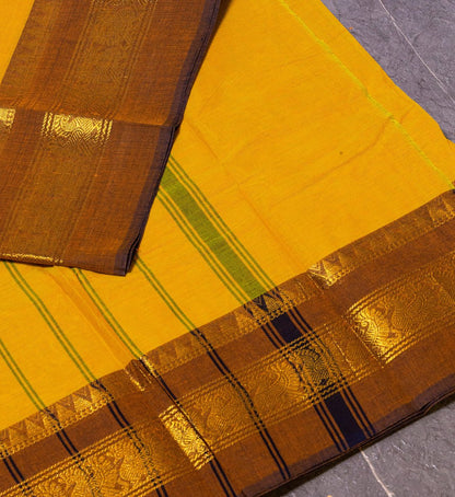 Add a Touch of Elegance with Our Bright Mustard Yellow Temple Design Zari Border Chettinad Cotton Saree - swadeshsouq.com