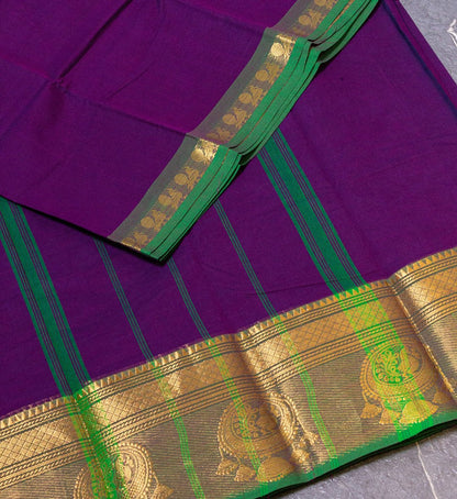 Add a Touch of Elegance with Our Bright Purple and Green Chettinad Cotton Saree featuring jewel Design - swadeshsouq.com