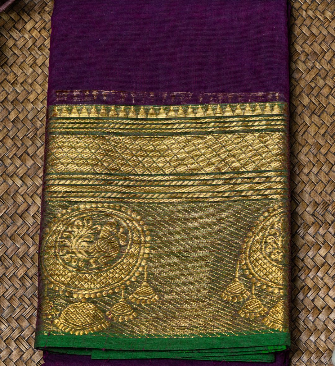 Add a Touch of Elegance with Our Bright Purple and Green Chettinad Cotton Saree featuring jewel Design - swadeshsouq.com