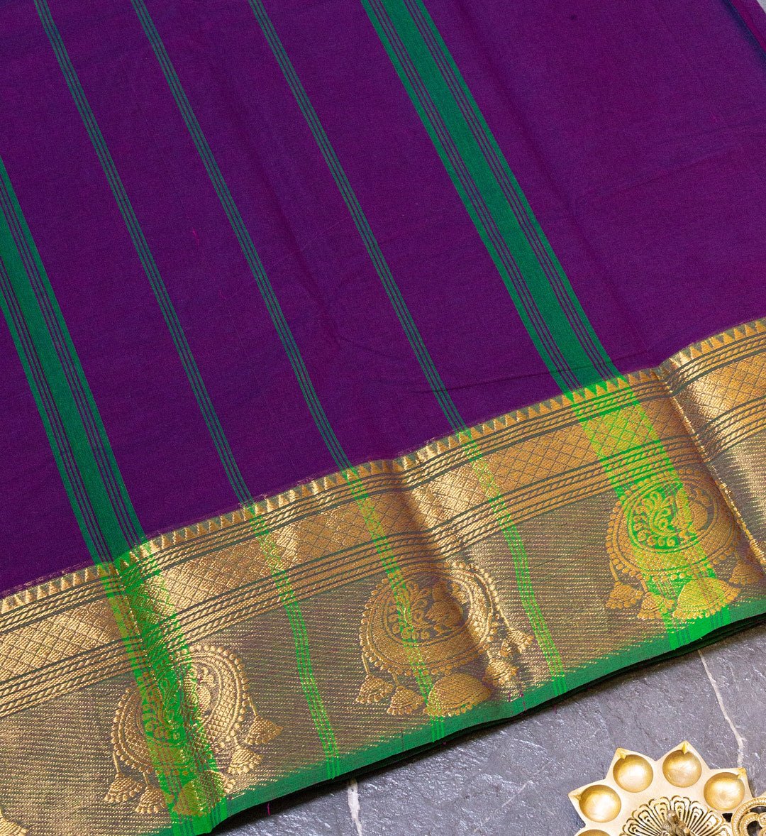 Add a Touch of Elegance with Our Bright Purple and Green Chettinad Cotton Saree featuring jewel Design - swadeshsouq.com