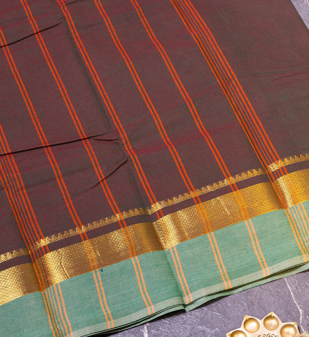 Add a Touch of Elegance with Our Brown and Turquoise Green Temple Border Chettinad Cotton Saree - swadeshsouq.com