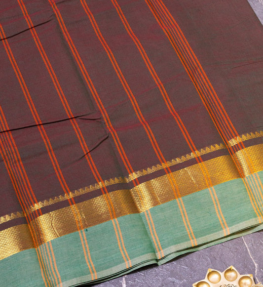 Add a Touch of Elegance with Our Brown and Turquoise Green Temple Border Chettinad Cotton Saree - swadeshsouq.com