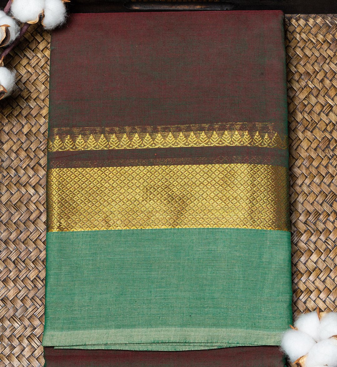 Add a Touch of Elegance with Our Brown and Turquoise Green Temple Border Chettinad Cotton Saree - swadeshsouq.com