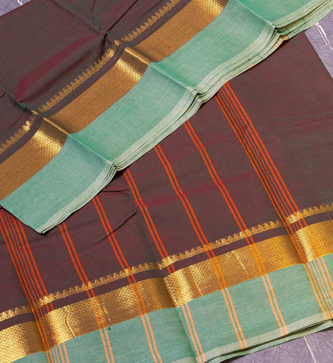 Add a Touch of Elegance with Our Brown and Turquoise Green Temple Border Chettinad Cotton Saree - swadeshsouq.com