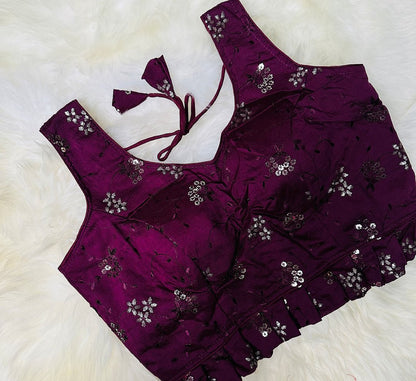 Add Glamour to Your Look with Our Cotton Deep Purple Frilled Blouse with Foil Sisha Work - swadeshsouq.com