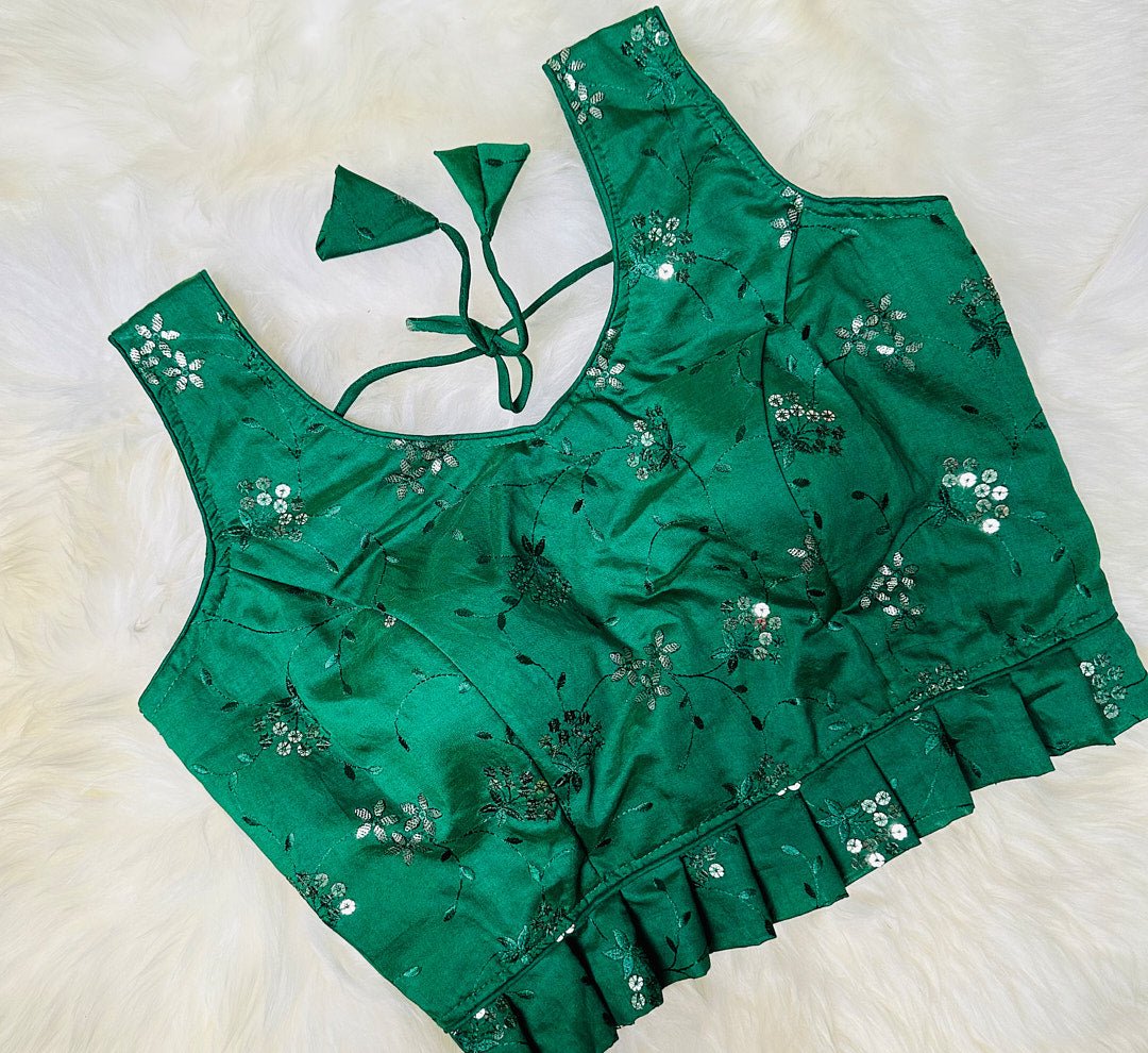 Add Glamour to Your Look with Our Green Frilled Blouse with Foil Sisha - swadeshsouq.com