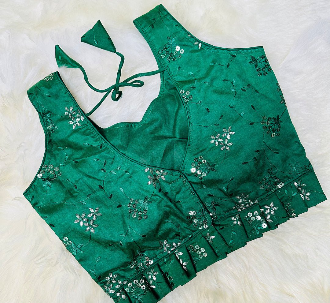 Add Glamour to Your Look with Our Green Frilled Blouse with Foil Sisha - swadeshsouq.com