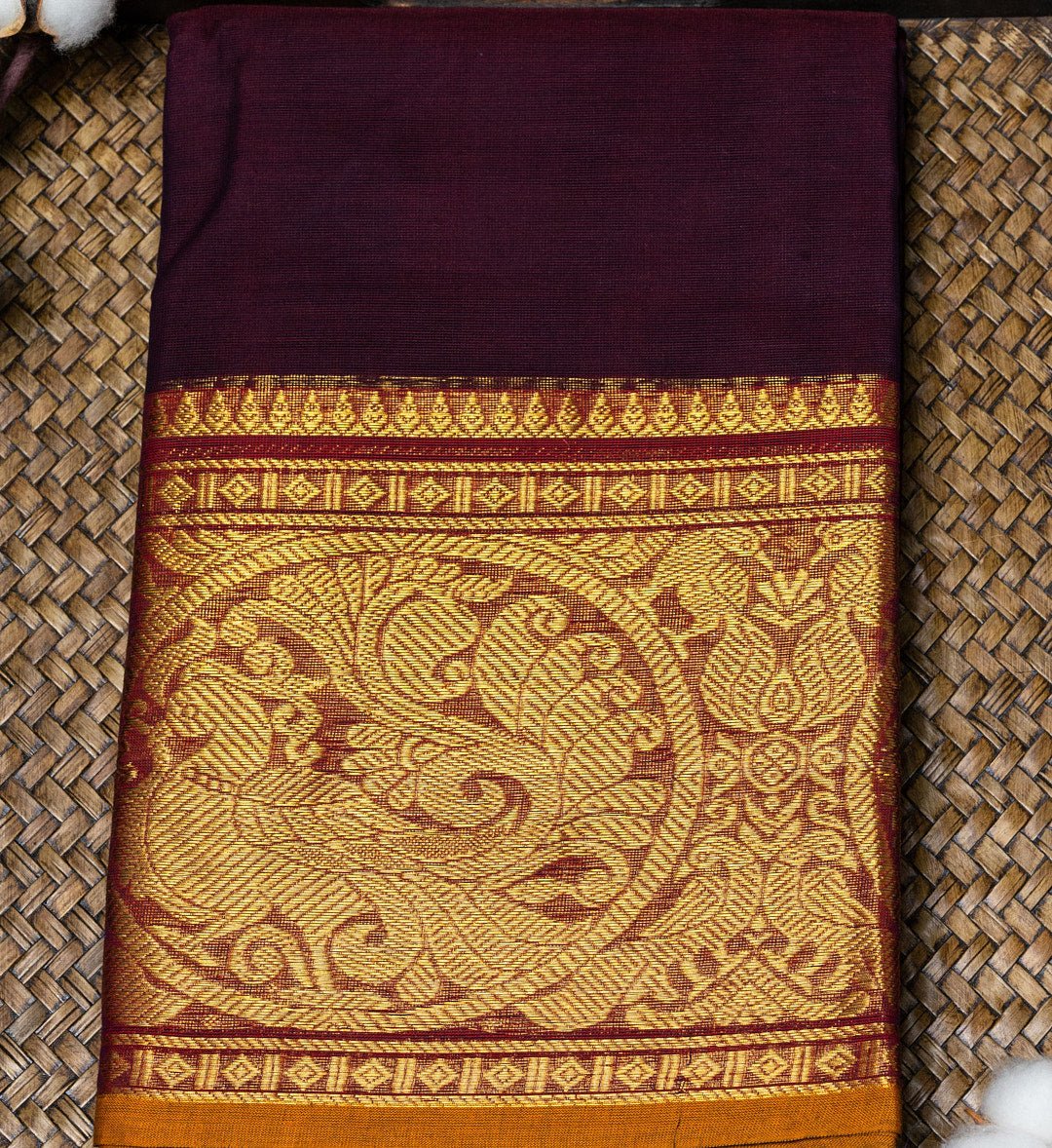 Dark Purple & Red Zari Border Chettinad Cotton Saree w/ Hamsa Design Embellishments from swadeshsouq.com for an elegant look.