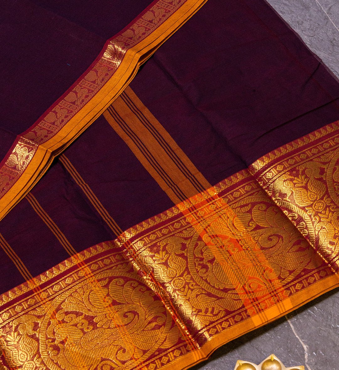 Dark Purple & Red Zari Border Chettinad Cotton Saree w/ Hamsa Design Embellishments from swadeshsouq.com for an elegant look.