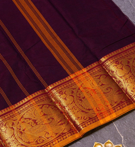 Dark Purple & Red Zari Border Chettinad Cotton Saree w/ Hamsa Design Embellishments from swadeshsouq.com for an elegant look.