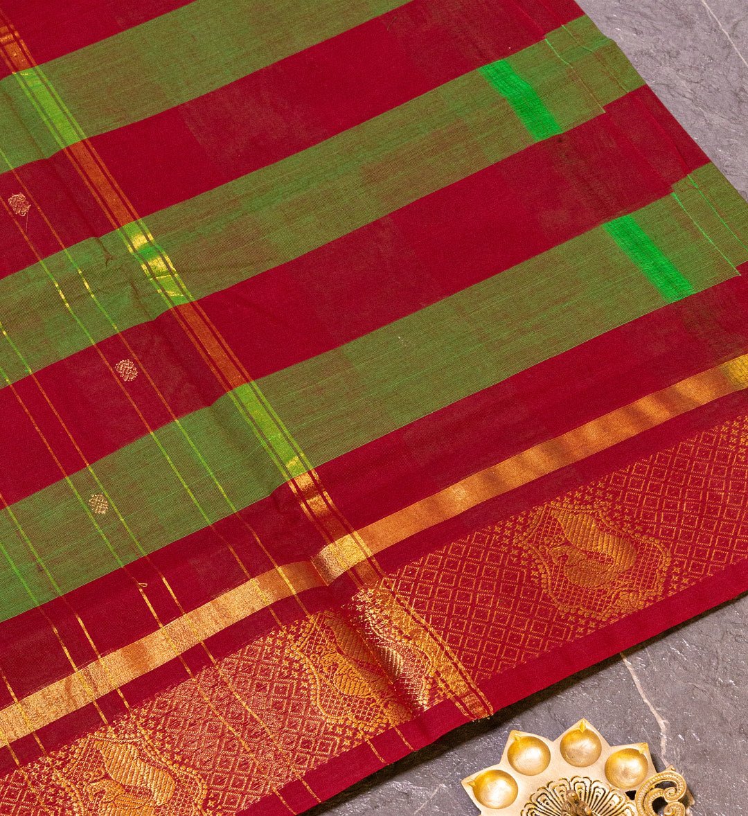 Adorn Yourself with the Green and Maroon Plaid Saree with Zari Butta Embellishments. - swadeshsouq.com