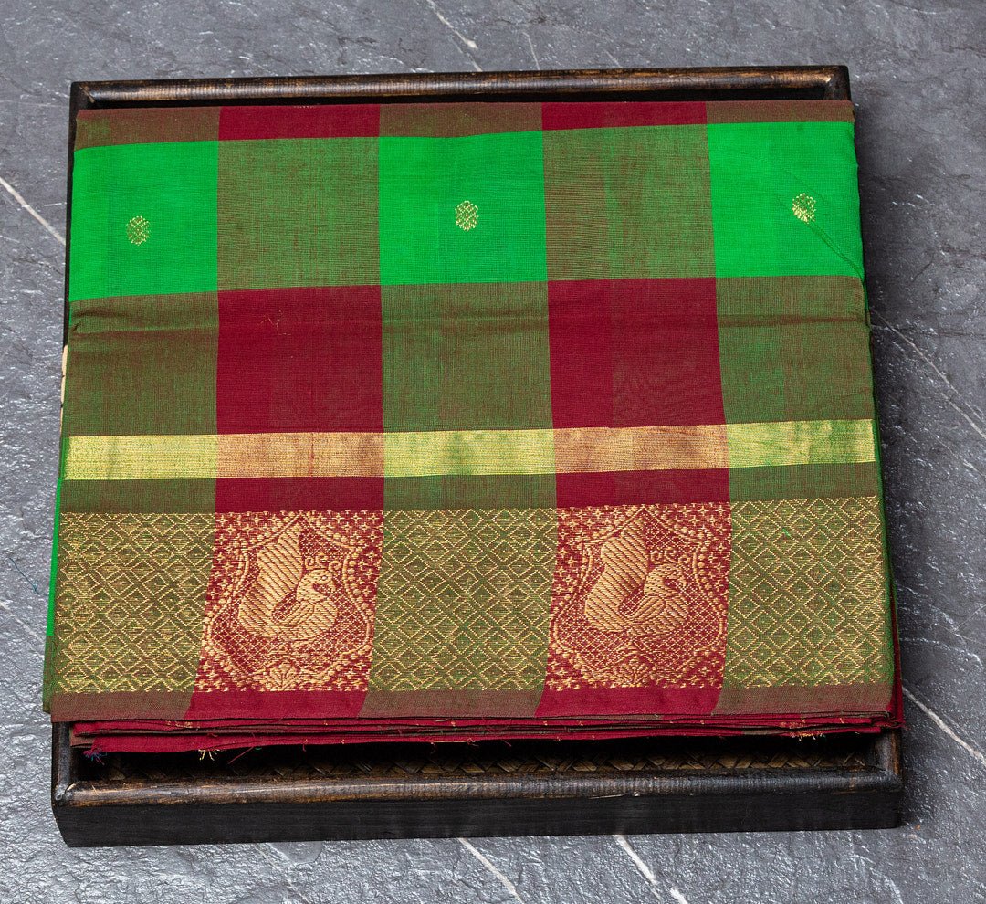 Adorn Yourself with the Green and Maroon Plaid Saree with Zari Butta Embellishments. - swadeshsouq.com